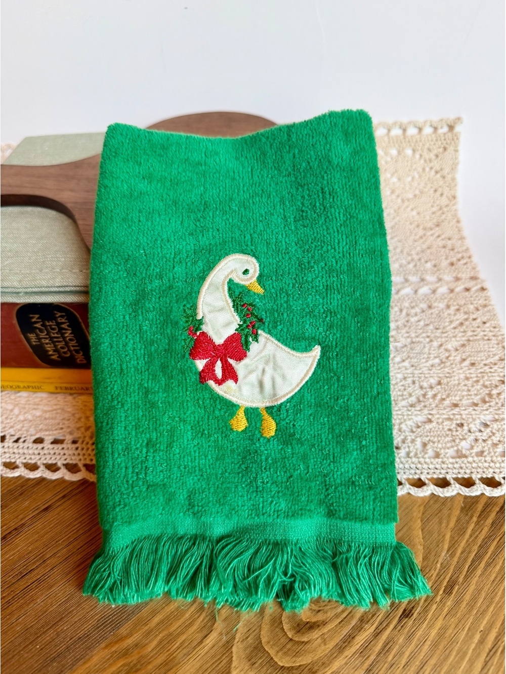 Vintage Cannon Christmas Hand Towel Goose Duck Applique Green Fringe USA